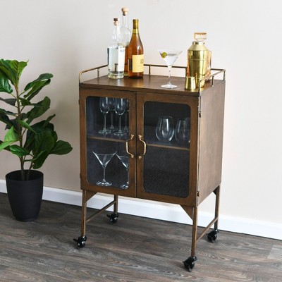 Antique Brass Metal Bathroom Cabinet with Glass Doors and Locking Wheels