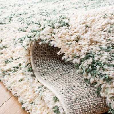 Ivory and Green Round Shag Synthetic Area Rug
