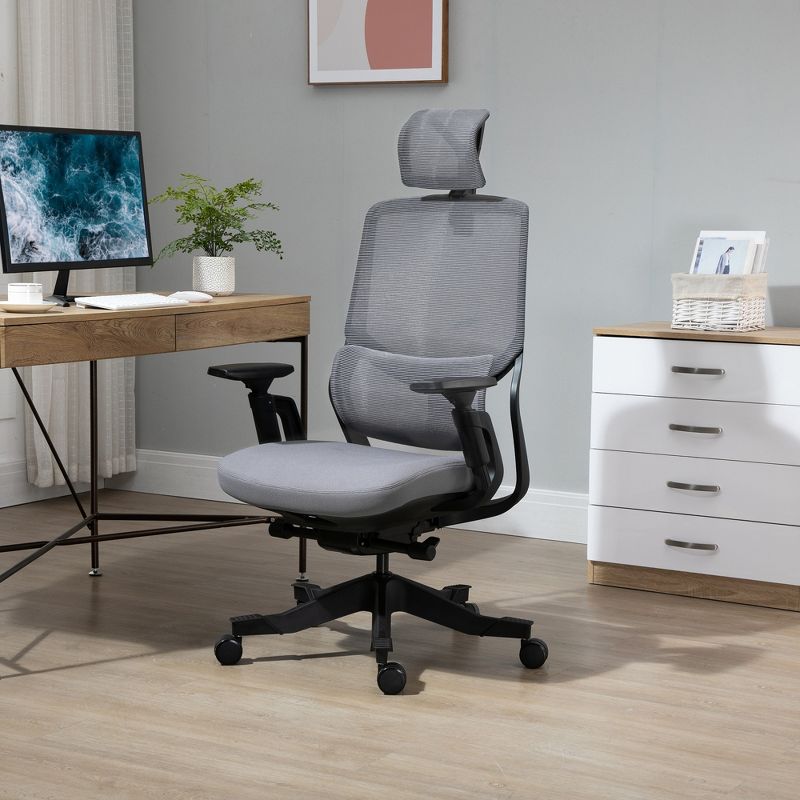 Vinsetto High Back Ergonomic Mesh Office Chair with Adjustable Height, Armrests, Lumbar Support and Headrest, Gray / Black, 2 of 9
