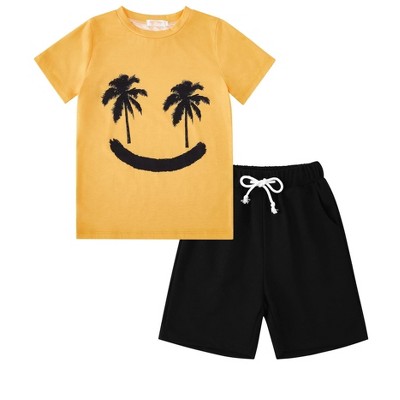 Little Kid Shorts Sets Kids Summer Beach Outfit  Pulm Leaves Pattren Short Sleeve Shirt Top with Shorts Suits