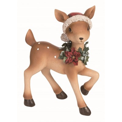 Transpac Resin Brown Christmas Deer with Santa Hat Figurine