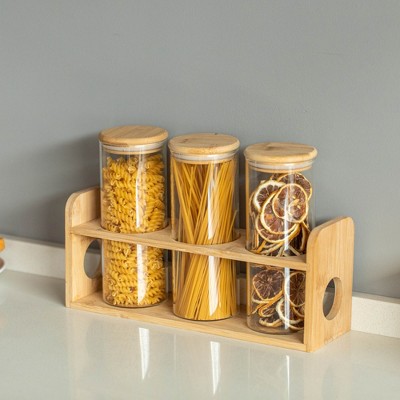 Basicwise 3 Pcs 30oz Glass Jars with Bamboo Shelf for Storing Coffee, Sugar, and Grains, Airtight Canisters for Nuts, Pasta.Ideal for Kitchen & Pantry — фото 2