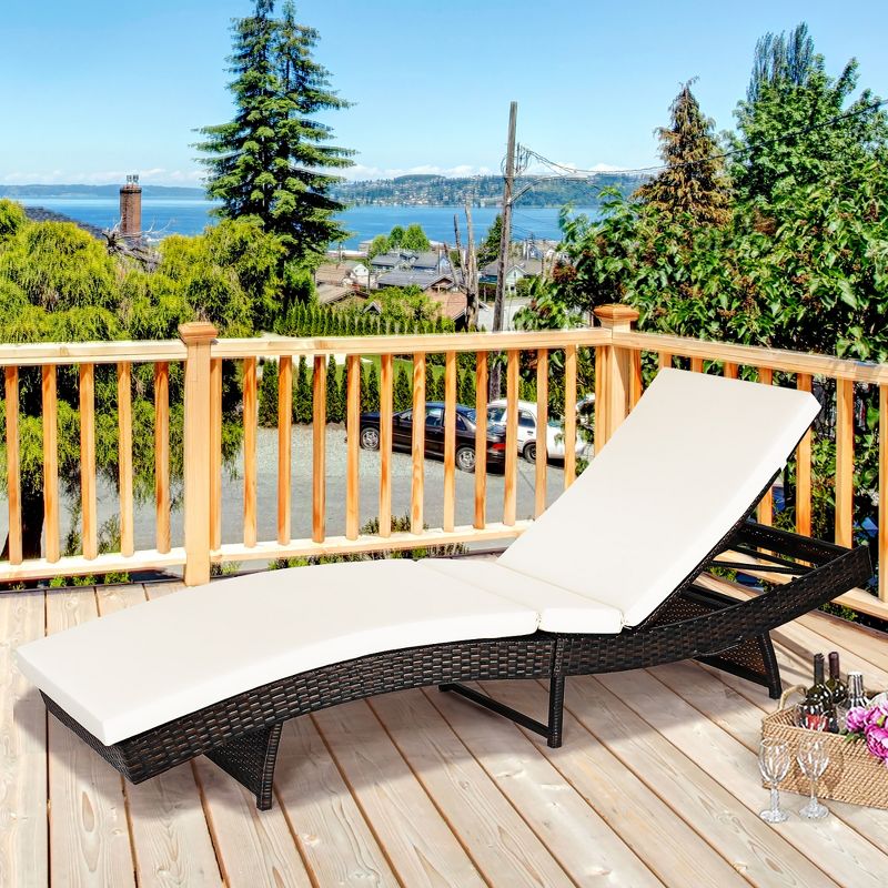 Costway Patio Rattan Folding Lounge Chair Chaise Adjustable W/White\Turquoise Cushion, 1 of 11