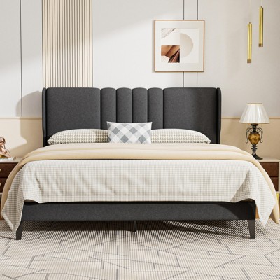 COMHOMA Queen Bed Frame, Upholstered Platform Bed with Headboard Wingback, Soft Line Fabric, No Box Spring Needed, Gray