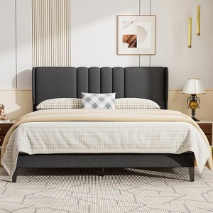 COMHOMA Full Bed Frame, Upholstered Platform Bed with Headboard Wingback, Soft Line Fabric, No Box Spring Needed, Gray - 1 of 4