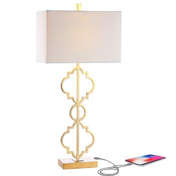 32" Iron Selina Ogee Trellis Modern USB Table Lamp (Includes LED Light Bulb) Gold - Jonathan Y