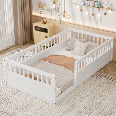 NicBex Kids Montessori Bed with Fence,Wood Floor Bed with High Guardrails Design,Twin/Full Size Toddler bed for Bedroom Playroom,White/Gray/Brown