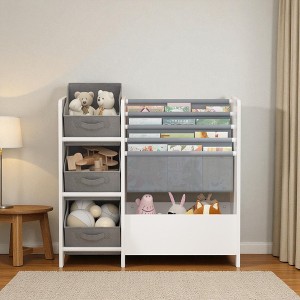 Mshliw 4-Tier Kids Bookshelf and Toy Storage Organizer with 3 Fabric Drawers, Book Display Rack for Playroom, Nursery, or Bedroom - 1 of 4