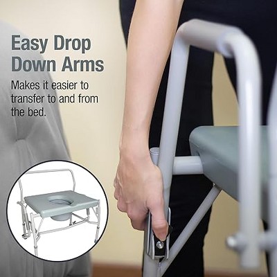 DMI Drop Arm Portable Toilet Commode, Extra-Wide Seat, 500 Pound Weight Capacity, Bucket with Lid Included, Adjustable Legs