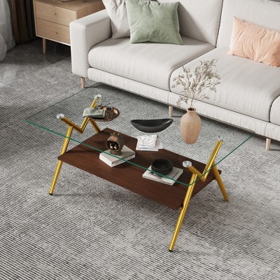 Acoinel Modern Glass Top Coffee Table with Lower Shelf for Living Room
