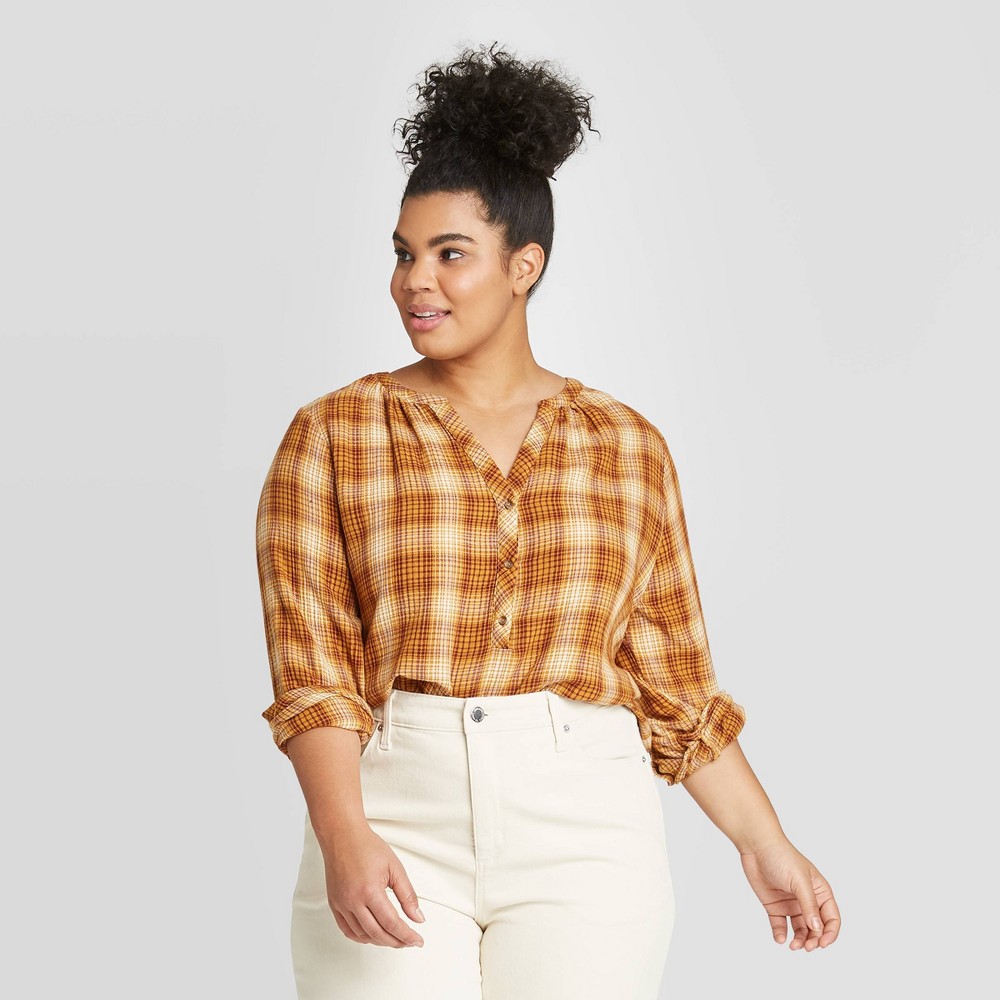 Women's Plus Size Plaid Long Sleeve V-Neck Button-Front Tunic - Universal Thread Yellow 3X, Women's, Size: 3XL was $22.99 now $16.09 (30.0% off)