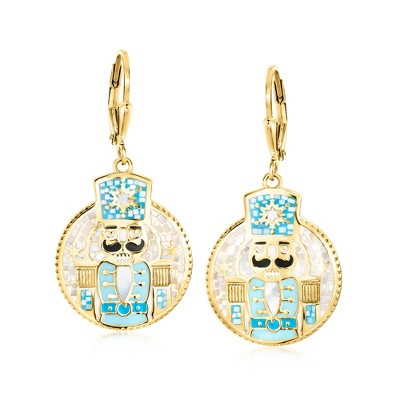 Ross-Simons Mother-Of-Pearl and Multicolored Enamel Nutcracker Mosaic Drop Earrings in 18kt Gold Over Sterling