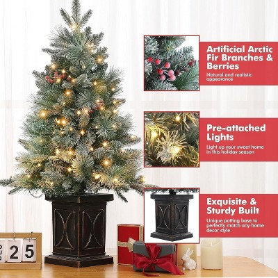 3FT Pre-Lit Artificial Christmas Tree Tabletop with 78 Warm White Lights, Flocked Potted Christmas Tree, Battery Operated, for Front Door, Porch