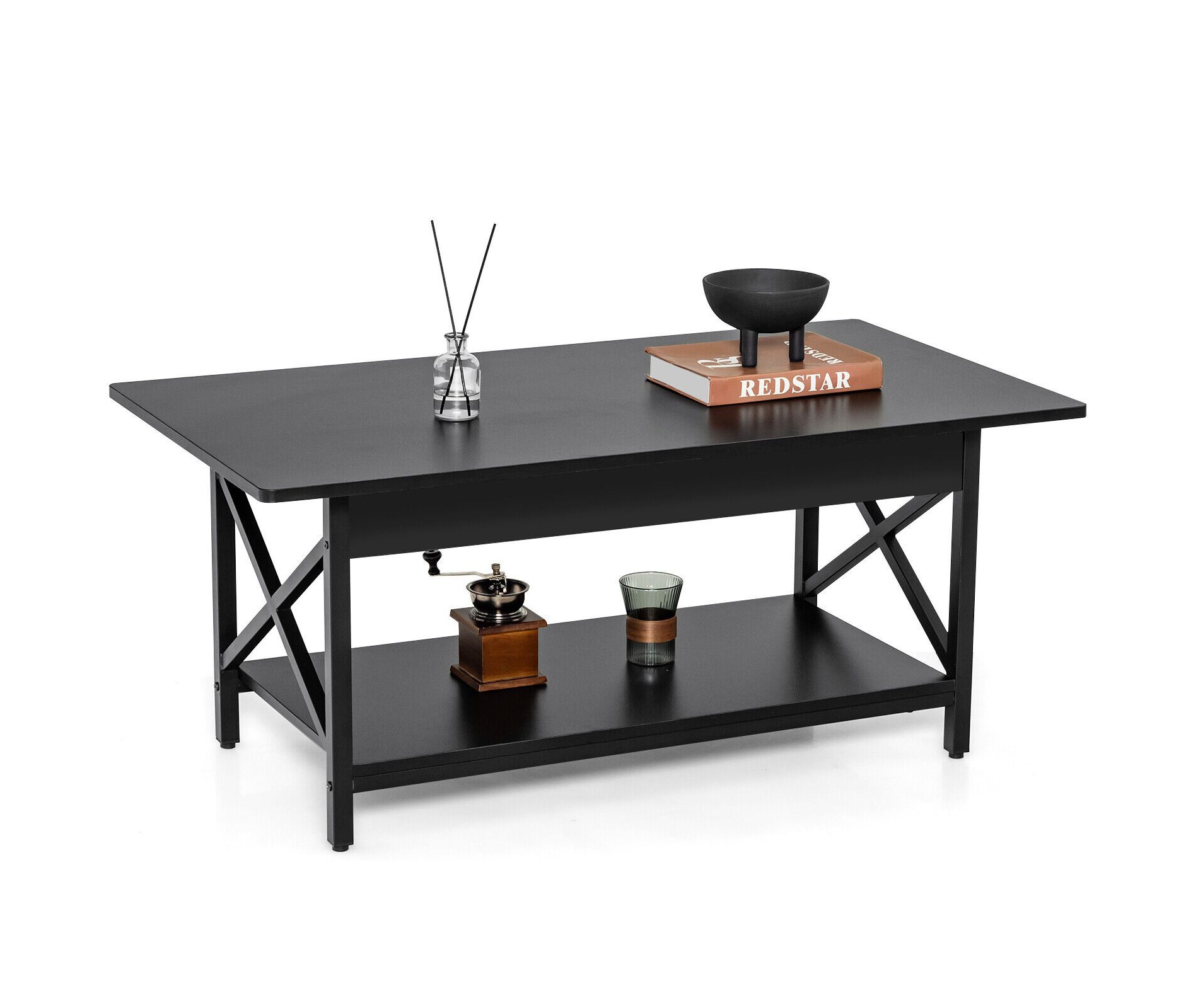 Tangkula Coffee Table Industrial 2-Tier w/ Storage Shelf &Storage Shelf for Living Room Black
