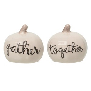 Transpac Harvest Gather Sentiment Pumpkin Dolomite Salt and Pepper Shakers Collectables White 2.5 in. Set of 2 - 1 of 4