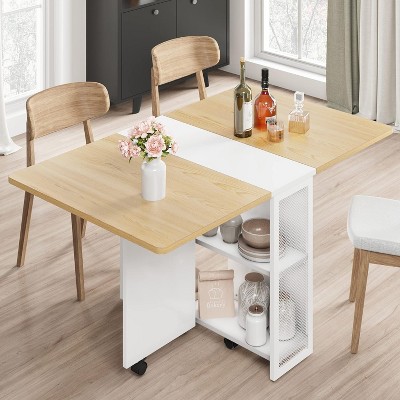 Folding Dining Table with 2 Tier Storage-Extendable Drop Leaf Space Saving Kitchen Dining Room Tables for 4