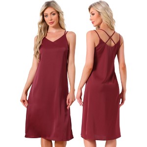 INSPIRE CHIC Women's Sleepdress Satin Sleeveless Double Spaghetti Strap Criss Cross Back V Neck Midi Lounge Nightgown - 1 of 4