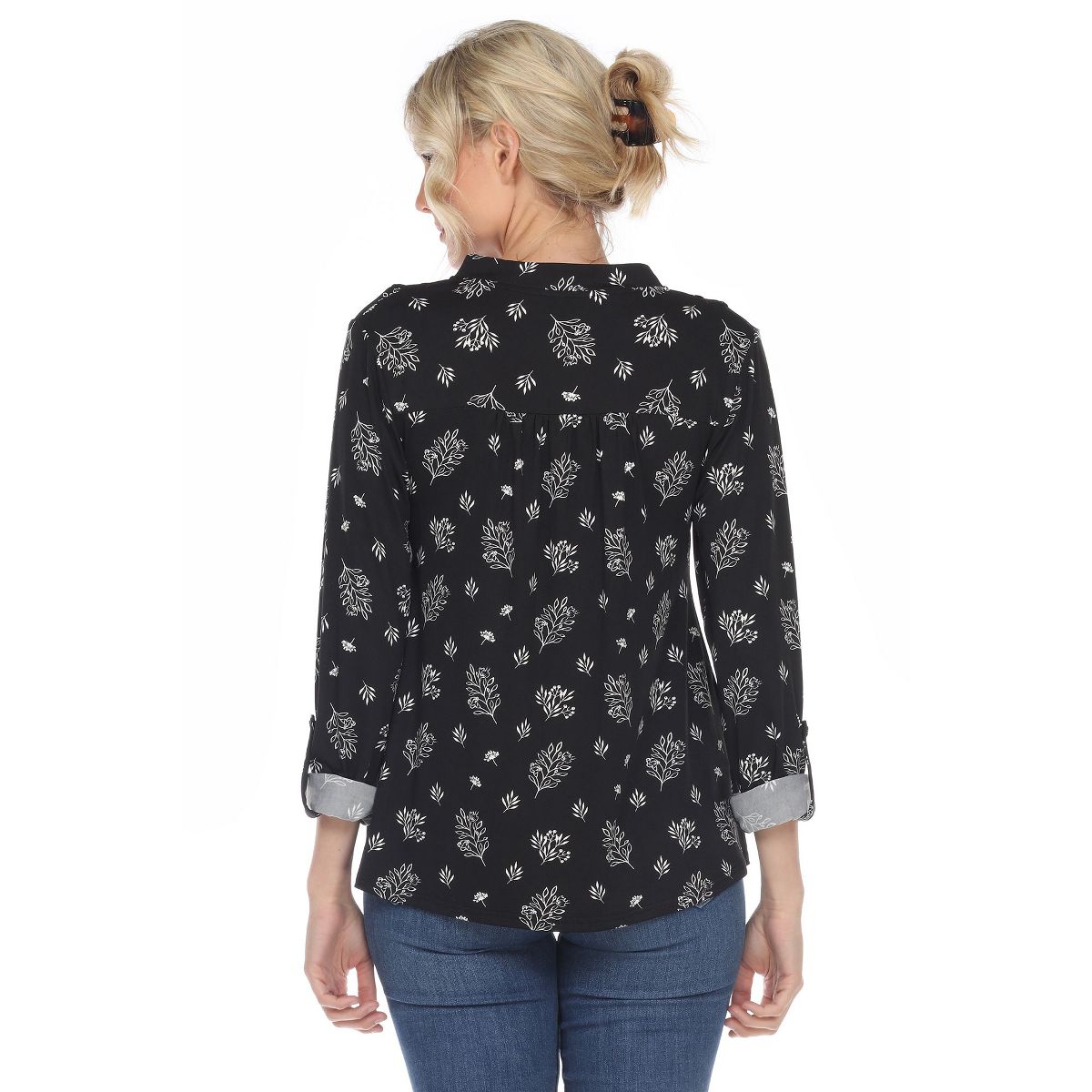 Women's Pleated Long Sleeve Leaf Print Blouse - White Mark - thumbnail 3