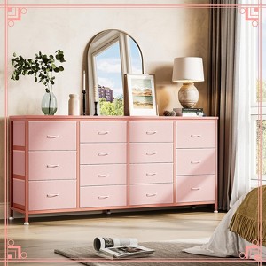 63" Wide Dresser with 14 Fabric Drawers, Built-In USB Ports, Multi-Functional Storage Unit for TV, Bedroom, Living Room, or Office - 1 of 4