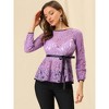 INSPIRE CHIC Women's Semi-Sheer Elegant Tie Waist Long Sleeve Floral Lace Peplum Blouses - 3 of 4