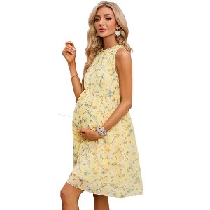 Maternity Halter Neck Dress Summer Casual Ruffle Sleeveless High Waisted Flowy Midi Dress Baby Shower Photoshoot - 1 of 4