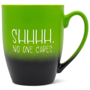 Elanze Designs Shhhh. No One Cares. Two Toned Ombre Matte Green and Black 12 ounce Ceramic Stoneware Coffee Cup Mug - 1 of 4