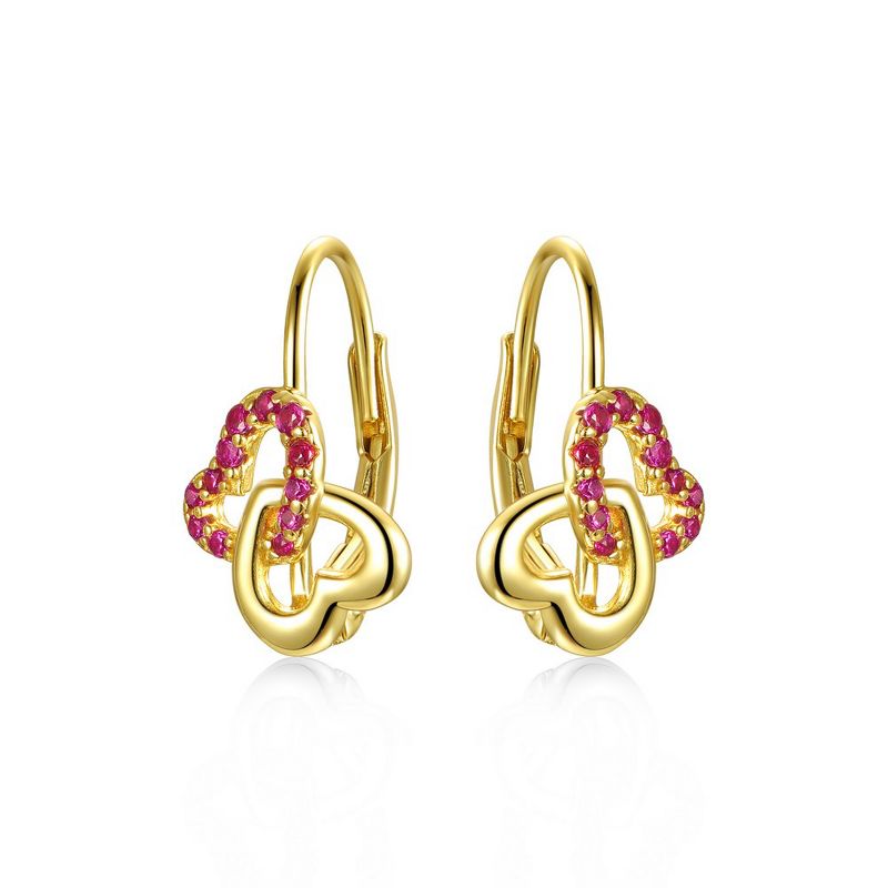 Guili Kids/Teen's Sterling Silver 14k Yellow Gold Plated with Ruby & Double Heart Halo Drop Leverback Earrings., 1 of 4