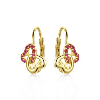 Guili Kids/Teen's Sterling Silver 14k Yellow Gold Plated with Ruby & Double Heart Halo Drop Leverback Earrings.