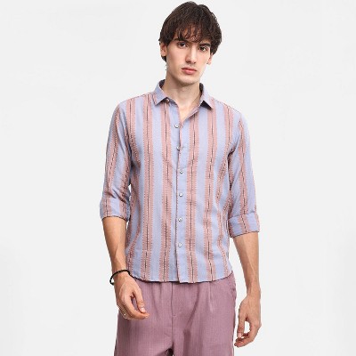 Campus Sutra Men Men's Icy Blue & Nude Beige Striped Seersucker Shirt