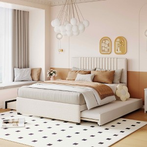 MAYEERTY Full Size Upholstered Platform Bed, 2 Drawers Twin Trundle Classic Headboard, Bedroom, Beige - 1 of 4