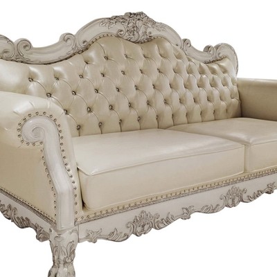 Dresden White Faux Leather Tufted Camelback Sofa with Nailhead Trim