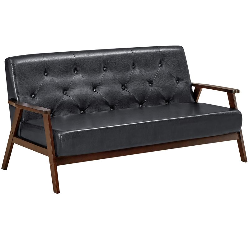 Costway 3-Seater Sofa PU Leather Sofa Couch w/ Rubber Wood Legs & Button Tufted Back, 1 of 10