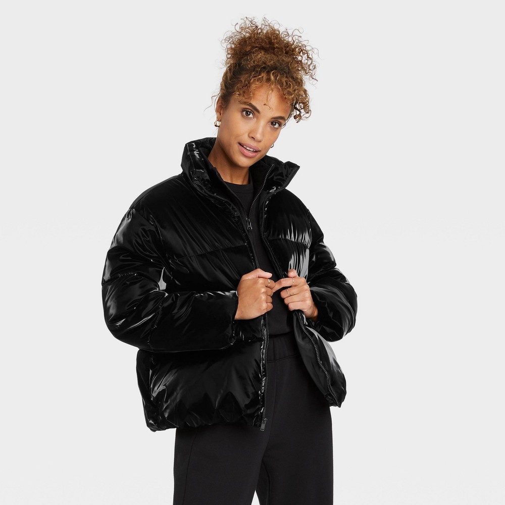  XXL Women's Short Iridescent Puffer Jacket - A New Day Black 