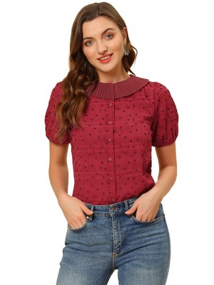Allegra K Women's Floral Pleated Collar Puff Sleeves Button Down Shirt