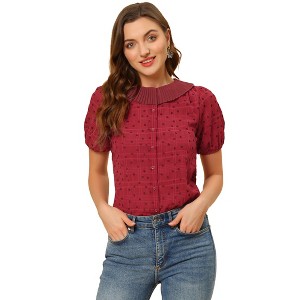 Allegra K Women's Floral Pleated Collar Puff Sleeves Button Down Shirt - 1 of 4