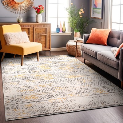 Cheerful Yellow Geometric 5' x 7' Easy-Care Synthetic Area Rug