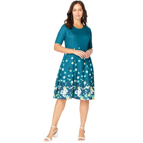 Jessica London Women's Plus Size Short Sleeve Ponte Fit And Flare Dress -  22 W, Deep Teal Garden Border : Target