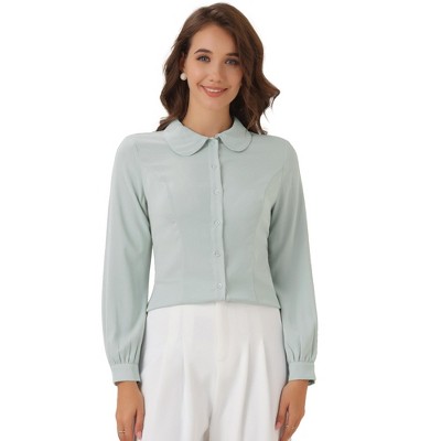 Allegra K Women's Work Peter Pan Collar Long Bishop Sleeve Button Down Shirt