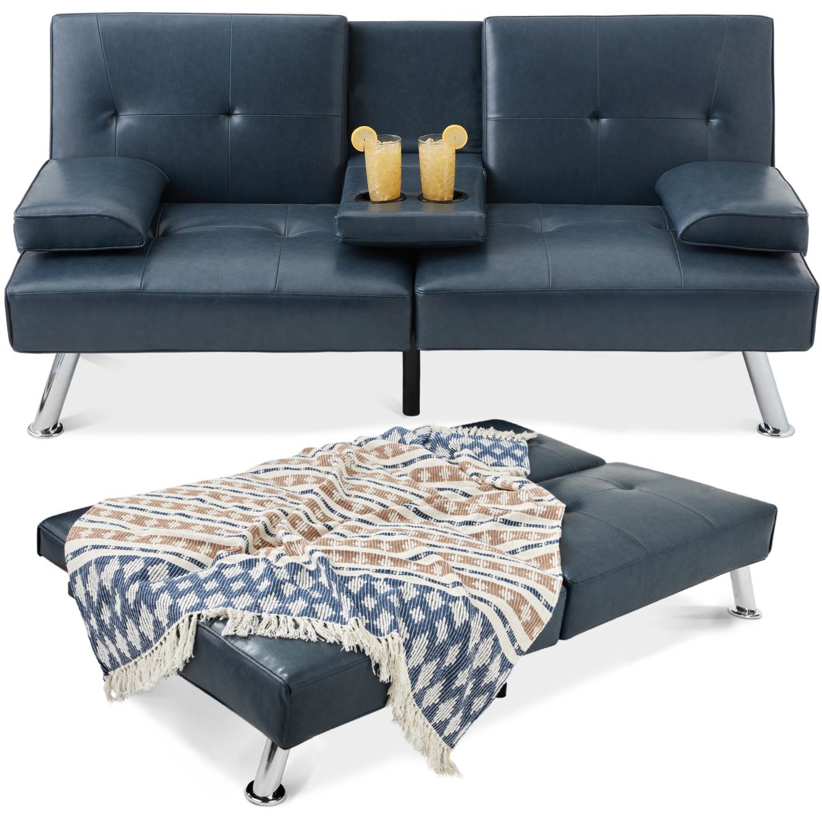 Best Choice Products Modern Faux Leather Convertible Futon Sofa w/ Removable Armrests, 2 Cupholders - Black - thumbnail 8