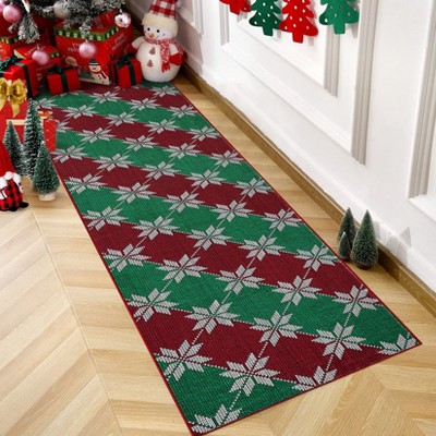 Checkered Festive Christmas Leaf Pattern Rectangular Rug Holiday Decor for Living Room Cozy Seasonal Mat Carpet