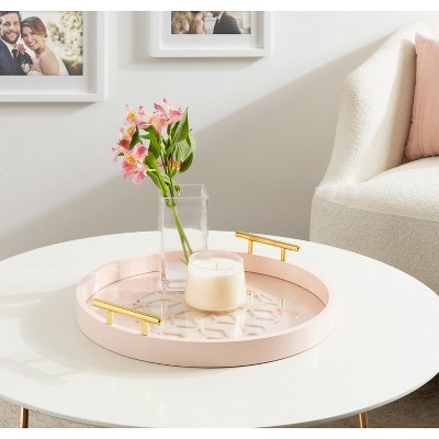 Round Pink Glass Serving Tray with Gold Handles