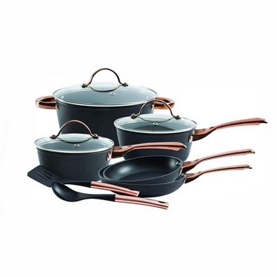 Oster Allsberg Non Stick Aluminum 10 Piece Cookware Set with Pots, Pans, Lids, Stainless Steel Rose Gold Handles, Matte Black