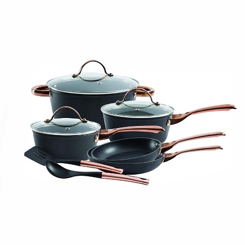 Oster Allsberg Non Stick Aluminum 10 Piece Cookware Set with Pots, Pans,  Lids, Stainless Steel Rose Gold Handles, Matte Black