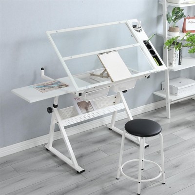 WHITE adjustable tempered glass drafting printing table with chair