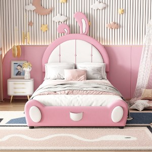 Whisen Twin Size Upholstered Platform Bed with Rabbit Shaped Headboard - 1 of 4