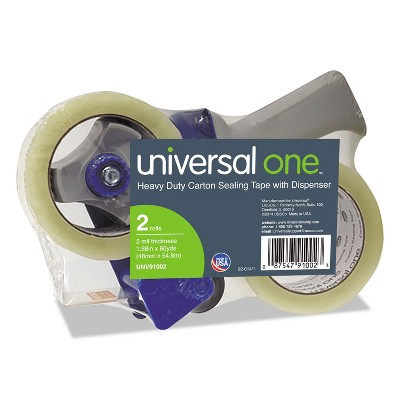 Universal Heavy-Duty Box Sealing Tape w/Dispenser 48mm x 54.8m 3" Core Clear 2/Pack 91002