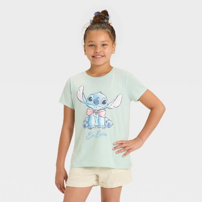 Girls' Stitch Glitter Bow Short Sleeve Graphic T-Shirt - Light Mint Green