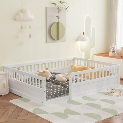 Streamdale Full Floor Bed Frame with Fence, Wood Kids Floor Beds Frame for Bedroom Playroom,White