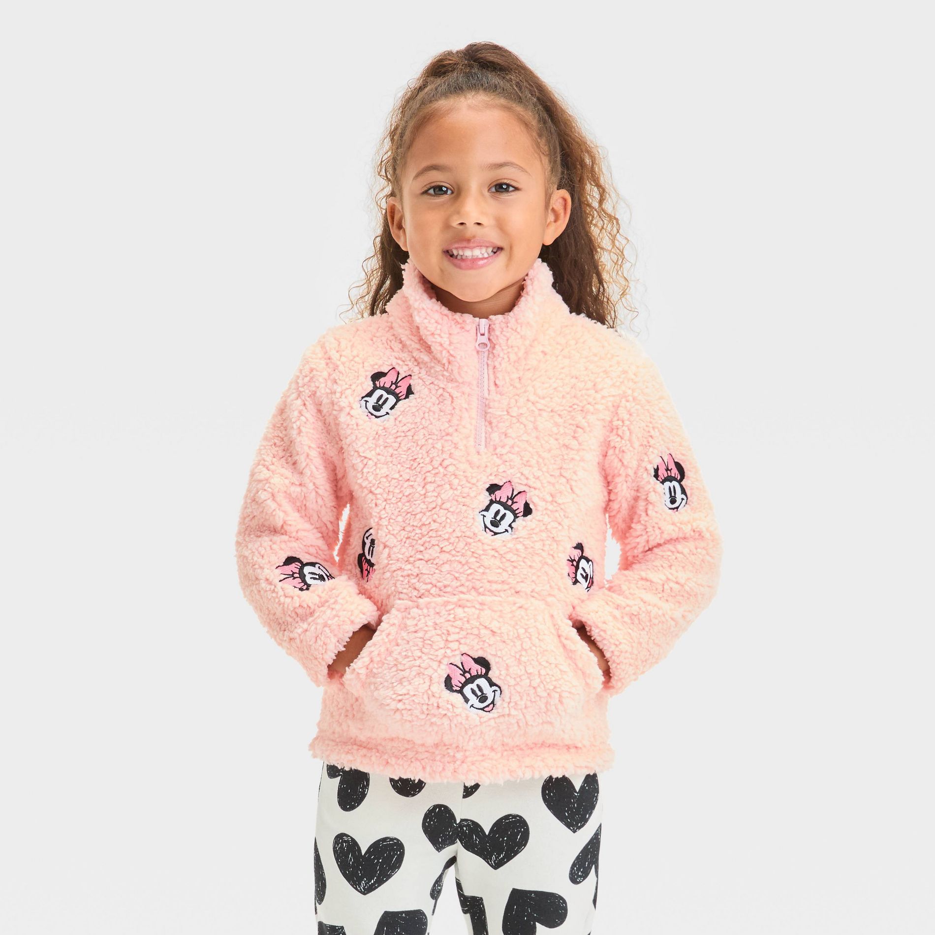 Toddler Girls' Disney Minnie Mouse Embroidered Fleece Pullover Quarter Zip Sweatshirt - Blush Pink