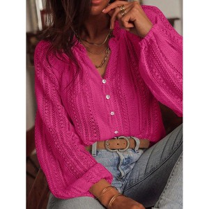 Womens Button Down Shirts Long Sleeve Dress Blouses V Neck Solid Casual Flowy Tunics Floral Lace Crochet Tops Rose red,S - 1 of 4
